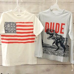 OshKosh B’gosh 100% Cotton 2 Tee Bundle Dinosaurs USA Flag Boys Size 10 NWT